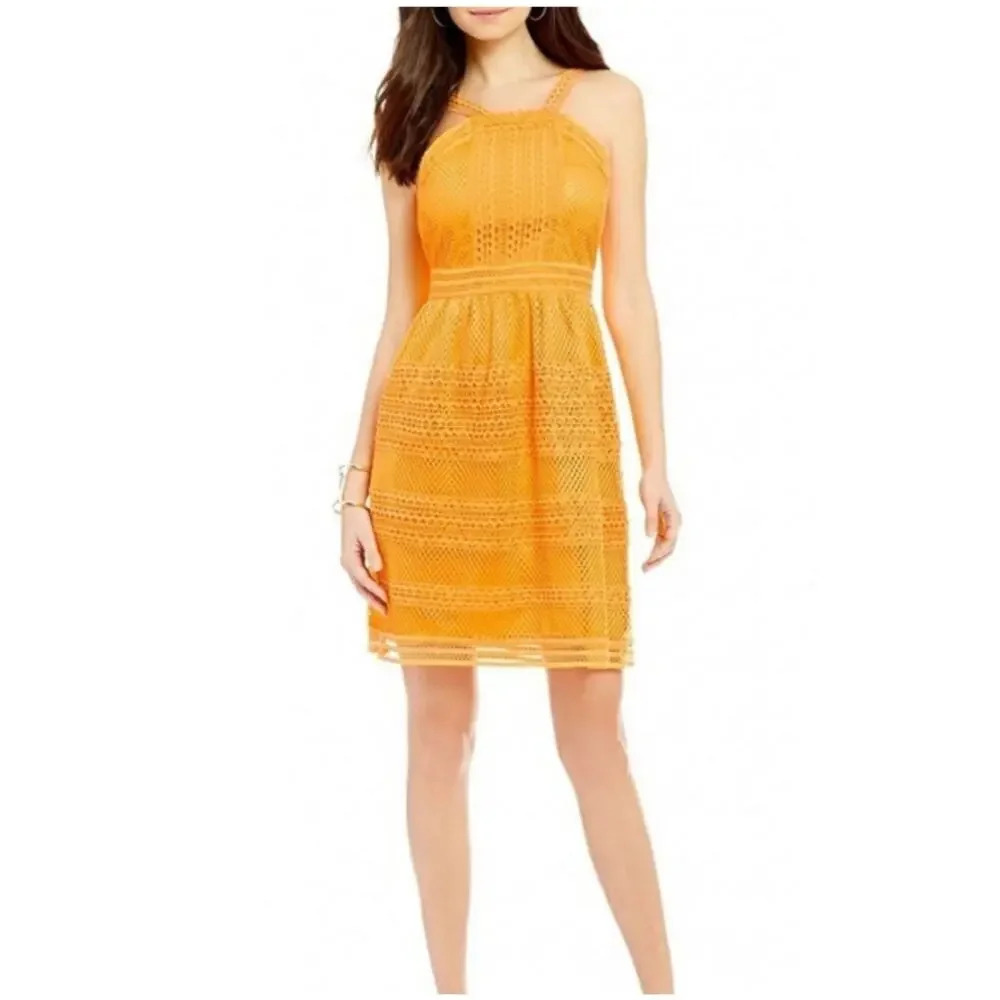 NWT Tahari Women's Fit & Flare Dress Size 4 Orange Sleeveless Party Short‎